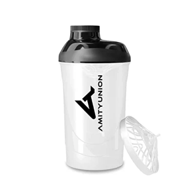 Afbeelding van AMITYUNION Protein shaker Black White Deluxe 800 ml proteïne lekvrij BPA vrij met zeef en weegschaal voor romige wei poeder shakes gym fitness cup isolate sport concentraten