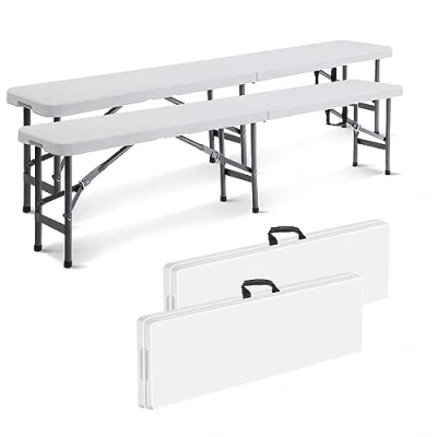 Afbeelding van Todeco Opvouwbare campingbank, kunststof tuinbank, 2 stuks voor buiten, kunststof, feest, barbecue, picknick, tot 4 personen, opvouwbaar in twee, 183 x 30 43 cm