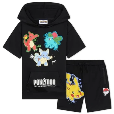 Afbeelding van Pokemon Hoodie Shorts Trainingspak Set Jongens 2 Stuks Pikachu Tieners Anime Zomer Korte Mouwen Hooded Sweatshirt Rits Zakken Sport Casual Activewear, Zwart, 7 8 jaar