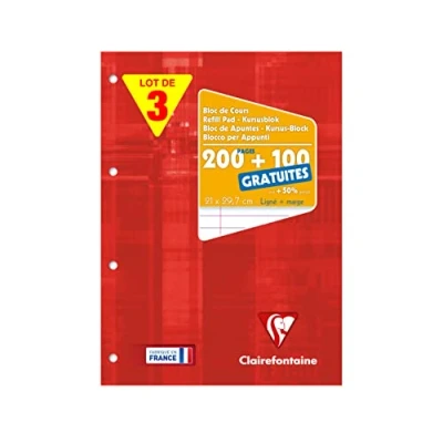 Afbeelding van Clairefontaine 65818AMZC Set van 3 gelijmde en geperforeerde cursusblokken A4 21x29,7 cm 200 pagina&#039;s + 100 gratis, met lijnen marge Wit papier 90 g Cover gelamineerd karton.