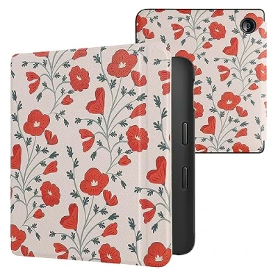 Afbeelding van kwmobile e reader hoesje compatibel met Kobo Libra 2 Magneetsluiting Ereader case Klaprozen in rood/groen/beige