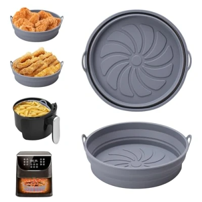 Afbeelding van Alyvisun Air Fryer Silicone Pot, 2 Stuks Airfryer Pan Liners Herbruikbare Heteluchtfriteuse Mand Rond Opvouwbare Tray Rack Accessoires Basket voor Fryers, Magnetron, Oven (Grijs)