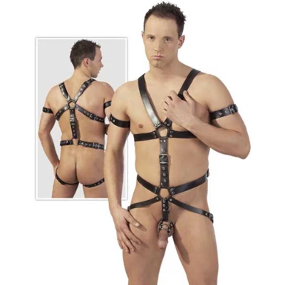Afbeelding van ZADO Lederen Bondage Body Harnas met 3 Metalen Penis en Testikel Ringen Stoer Onderdanig Maat L/XL Zwart