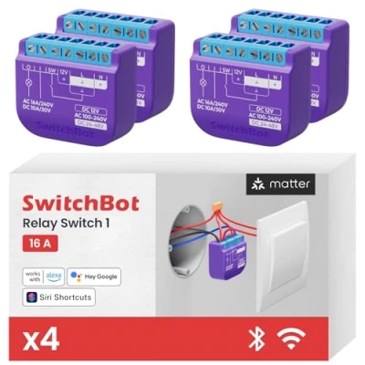 Afbeelding van SwitchBot Smart Relais Schakelaar 1, Wi Fi &amp; Bluetooth werkt met Alexa/Apple HomeKit/Google Home/Matter, 2,4 GHz, Home Automation,16A 4 stuks