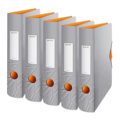 Afbeelding van Leitz Kwaliteitsordner 180 Active, 5 pack, A4, smal, afgeronde rug, 6,5 cm breed, elastische bandsluiting, licht polyfoam, plastic map, Urban Chic serie, grijs, 11170088