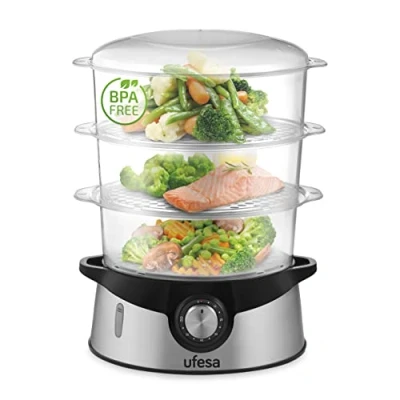 Afbeelding van Ufesa CV4000 3 laagse Elektrische stoompan, 800W, capaciteit 9 Ltrs, 60 minuten timer, Inclusief rijststoom mand 1 roestvrij staal, BPA vrij,Metaal