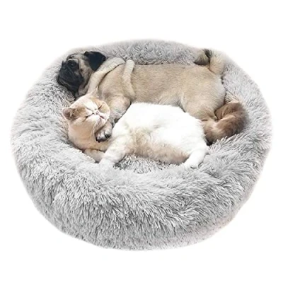 Afbeelding van Hondenbed, kattenbed, rond, voor katten, honden, pluche, kussen huisdieren, zacht, donutmanden kleine middelgrote honden (70 cm, lichtgrijs)