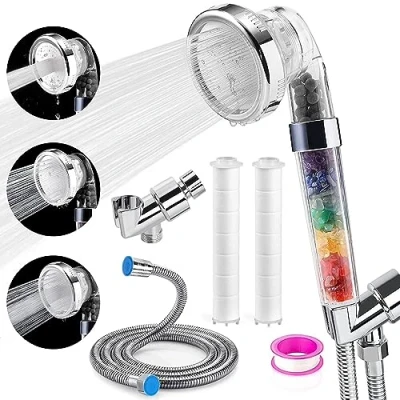 Afbeelding van APETHS filterdouchekop, 3 straalsoorten handdouche, waterbesparende en drukverhogende douchekop met filtermineraalstenen houder, 2 katoenen filters 2M slang