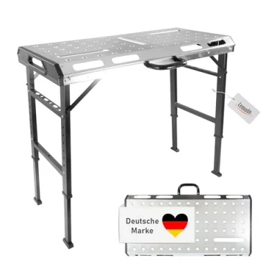 Afbeelding van Lemodo Werkbank, lastafel, inklapbaar, werktafel in hoogte verstelbaar, van staal, belastbaar tot 450 kg, compact opvouwbaar, 7 voudig multifunctionele tafel,