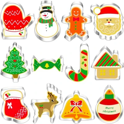 Afbeelding van BELSVOR Set van 12 uitsteekvormen voor Kerstmis, uitsteekvormpjes roestvrij staal, kerstuitsteekvormen decoratie koekjes/cake/koekjes/gebak, koekjessnijders stuks