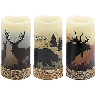 Afbeelding van Eldnacele Vlamloze flikkerende led kaarsen met henneptouw en 6H timer, batterij aangedreven set van 3 echte wax pijlerkaarsen warm licht elanden, beer stickers rustiek decor kerst thuis