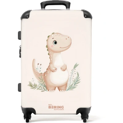 Afbeelding van NoBoringSuitcases.com® Kinderkoffer jongen Kindertrolley jongens Beige dinosaurus met groene blaadjes Koffer kind groot Rolkoffer lichtgewicht Reiskoffer 4 wielen Grote trolley XL 20 kg bagage