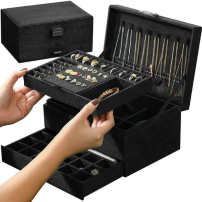 Afbeelding van T.R. Goods sieradendoos Zwart Velvet 3 lagen 11 x 24,5 18 cm Luxe Juwelendoos Sieraden Doos Opberger