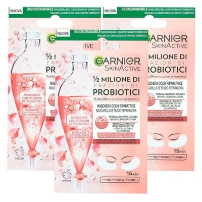 Afbeelding van Garnier SkinActive Oogmasker, 1/2 miljoen probiotica fracties voor alle huidtypes, minimaliseert fijne rimpels van biologisch afbreekbare stof, 3 verpakkingen met elk 1 applicatie