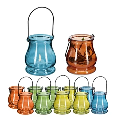 Afbeelding van Relaxdays windlicht set van 12, waxinelichthouder voor binnen en buiten, met hengsel, HxØ: 10 x 8,5 cm, meerdere kleuren