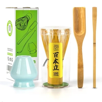 Afbeelding van TEANAGOO Japanse Matcha Ceremonie Accessoire, garde (Chasen), traditionele lepel (Chashaku), theelepel, blauwe Celadon gardehouder,I2, de perfecte set om een traditioneel
