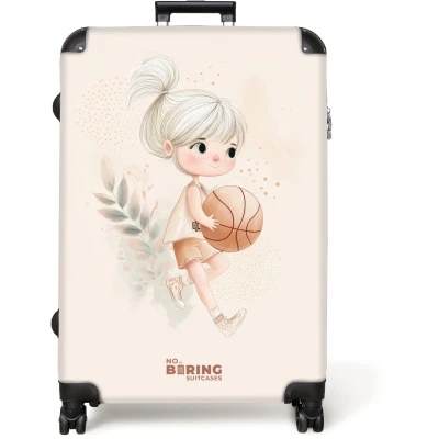 Afbeelding van NoBoringSuitcases.com® Koffer groot Reiskoffer lichtgewicht Meisje met een basketbal in neutrale kleuren. Rolkoffer 4 wielen Grote trolley XL 98 liter bagage