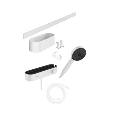 Afbeelding van hansgrohe wallstoris bundle handdouche 105 3jet ecosmart activation thermostaat glijstan mat wit 24250700