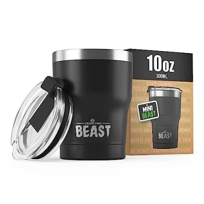 Afbeelding van BEAST Thermosbeker voor koffie, 300 ml, matzwart, roestvrij staal, herbruikbaar, thermokopjes, 2 rietjes en reinigingsborstel, dubbelwandige reiskoffie, warme of ijskoffie