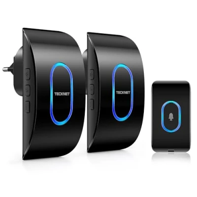 Afbeelding van TECKNET Draadloze deurbel voor buiten, IP65 waterdicht, 400 m gebruiksbereik, 60 beltonen, 5 selecteerbare volumes, led display (1 zender en 2 ontvangers)