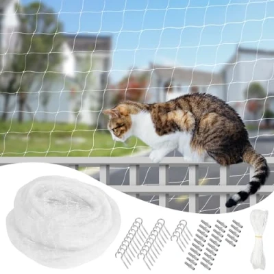 Afbeelding van Vegena kattennet voor balkon, 8 x 3 m, kattennet, balkonnet katten, kattenrooster, kattenbeschermingsnet zonder boren, met accessoires, balkons, terrassen, ramen, deuren,