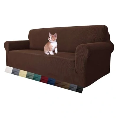 Afbeelding van MAXIJIN Super Stretch Zetelhoes voor 3 zitplaatsen bank, 1 delige universele bankhoezen woonkamer Jacquard Spandex meubelbeschermer honden huisdiervriendelijk ingerichte bank Slipcover (3 Zitsbank, Koffie)