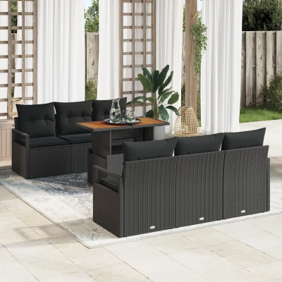 Afbeelding van vidaXL 7 delige Tuin Sofa Set met Kussens Zwart Poly Rattan, 2 zits Opslag &amp; Rattan