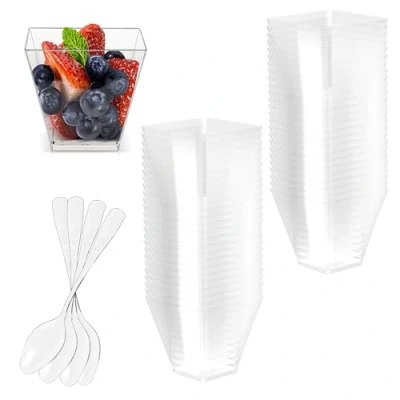 Afbeelding van Fousenuk 50 stuks dessertglazen met lepels plastic, 60 ml dessertkommen, helder, herbruikbaar, vierkante dessertbekers, dessertbekers voor pudding, mousse, ijs, verjaardag, bruiloften