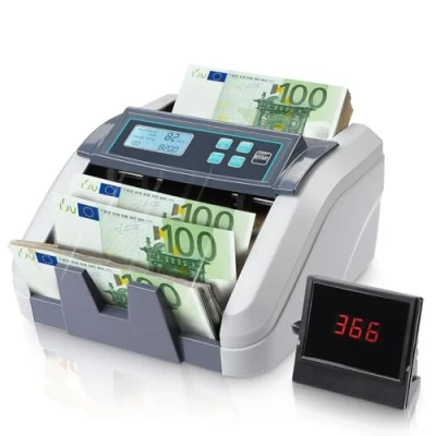 Afbeelding van MUNBYN IMC51 geldtelmachine, add+batch/value modus bankbiljettenteller, UV/MG/IR/MT detectie, alleen EUR geldteller, 1100 vellen/min, LCD display, 2 jaar garantie, grijs, kan gemengde noten niet
