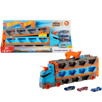 Afbeelding van Hot Wheels HGH33 2 in 1 racebaan opbergtransporter met 3 auto&#039;s, biedt plaats aan 20+ van 4 tot 8 jaar oud