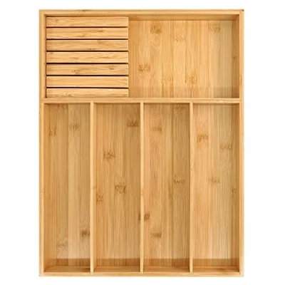 Afbeelding van VaeFae Bamboe zilverwerk organizer, gebruiksvoorwerpenhouder voor lade, houten besteklade met scheidingswand keuken, bestekopslag en afneembaar messenblok, 33 x 43 cm