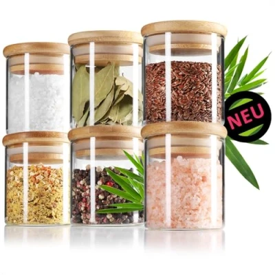Afbeelding van Robin Goods® 6x voorraadpotten met bamboe deksel 200ml voor specerijen van versterkt borosilicaatglas luchtdichte herbruikbare ronde doos (06 stuks 200ml)