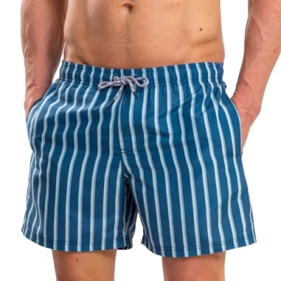 Afbeelding van RIPT Performance Heren Sneldrogende UV 50 Zonbescherming Peach Finish Zwembroek Trunks, Navy Blue Stripe Print, XL, Marineblauw gestreept, XL