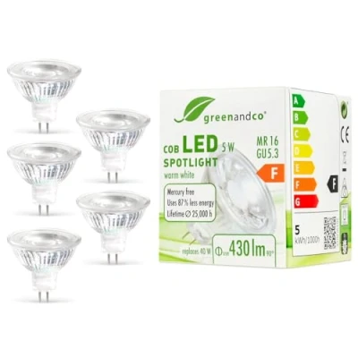 Afbeelding van 5x greenandco® LED spot vervangt 40 Watt MR16 GU5.3 halogeenspot, 5W 430 lumen 3000K warm wit 38 12V AC/DC, niet dimbaar