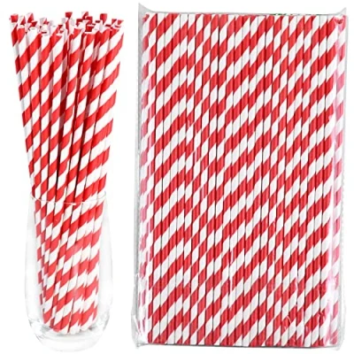 Afbeelding van Rode/witte strepen 26 x 0,6 cm extra lang wegwerppapier drinkrietjes 100 stuks voor drinken en handwerk