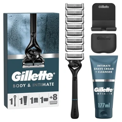 Afbeelding van Gillette Intimate Voor heren, scheergreep, 8 navullingen, scheercrème + 2 in 1 reiniger