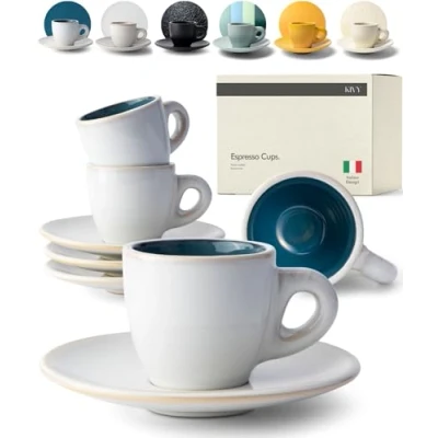 Afbeelding van Espressokopjes, set van 4 x 75 ml, handgemaakt dikwandig aardewerk, espressokopjes met schotel, Italiaans, mok, espressobekerset, blauw