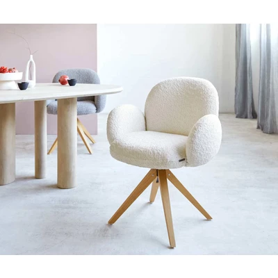 Afbeelding van DELIFE Draaistoel Nube Flex met armleuning bouclé wit houten frame hoekig natuur pocketveer kern 180 draaibaar