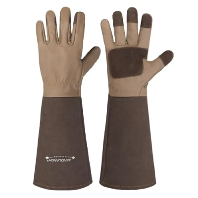 Afbeelding van HANDLANDY Tuinhandschoenen voor dames en heren, doornbestendig, lange handschoenen, varkensleer, ademend duurzaam (maat S, bruin)