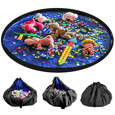 Afbeelding van LandJoy kids opbergtas, baby speelgoed opberg speelmat met handvat speelkleed opbergtas kinderspeelgoed （150cm donkerblauw）