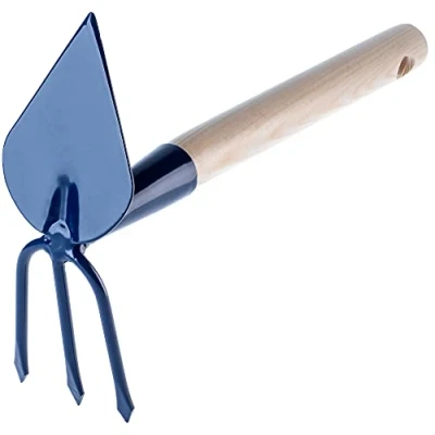 Afbeelding van KADAX Metalen hak, tuinhak met steel van hout, dubbele hak voor de tuin om grond los te maken, luchten en wieden, onkruidhak (kort, hartvorm 3 tanden, houten steel)