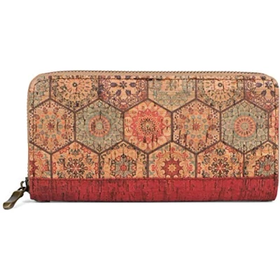 Afbeelding van styleBREAKER Damesportemonnee van kurk met kleurrijke motiefopdruk in etnische look, rits, portemonnee 02040138, kleur:Rood Beige Blauw