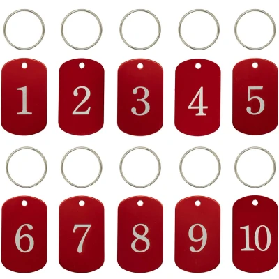 Afbeelding van Aluminium labels met gegraveerde cijfers 1 tot 100, sleutelhangers, identificatielabels rood