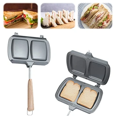 Afbeelding van Sandwichijzer van gietijzer, sandwich broodrooster, hot sandwichmaker, gemakkelijk te reinigen, dubbelzijdige bakvorm, flip grillpan voor familieontbijt of camping (B)