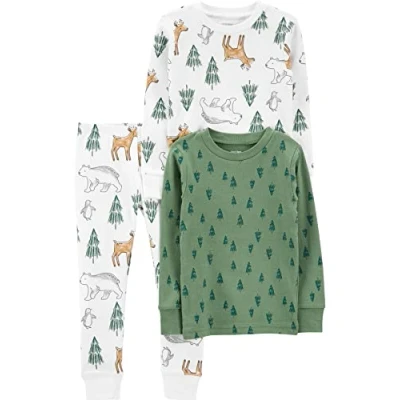 Afbeelding van Simple Joys by Carter&#039;s Baby, Little Kid en Peuter Meisjes 3 delige Snug Fit Katoenen Kerst Pyjama Set, Groene Dennen/Witte Woud, 6 9 Maanden