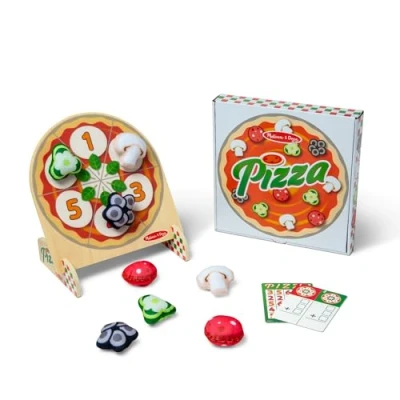 Afbeelding van Melissa &amp; Doug Dubbelzijdige pizzaset van hout, voor 1 of 2 spelers, doelspelers, bingo, Tic TAC Toe, koppelactiviteiten, cijfers en motorische vaardigheden