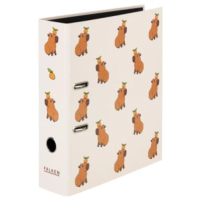 Afbeelding van Originele FALKEN motiefmap Capybara. Made in Germany. 8 cm breed DIN A4 zwarte binnenspiegel ringmap aktetermap briefordner bureaumap plastic map motief social media