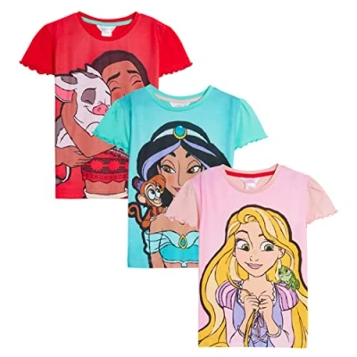 Afbeelding van Disney Meisje 3 pack prinsessen T shirts kinderen Jasmine Moana Rapunzel Dress Up Top korte mouwen shirts, Meerkleurig, 7 8 Jaar