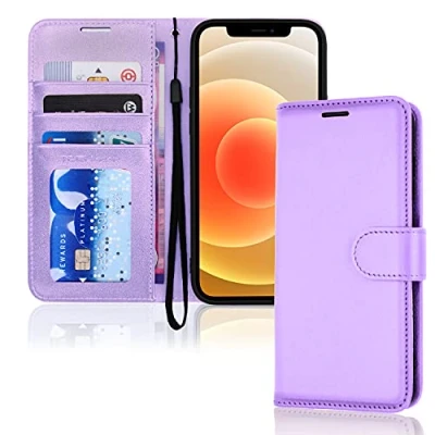 Afbeelding van TECHGEAR iPhone 12 / Pro lederen portemonneehoesje, flip beschermhoes met portemonnee kaarthouder, standaard en polsband paars PU leer magnetische sluiting voor 12/12 6,1