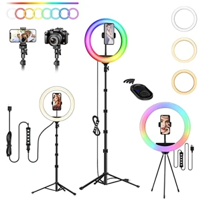 Afbeelding van ringlamp met statief, mobiele telefoon, 10 inch ringlamp, 3 daglicht + 47 RGB modi, selfie, led ringlicht hoogte 160 cm, dimbare voor YouTube, make up, Tik Tok